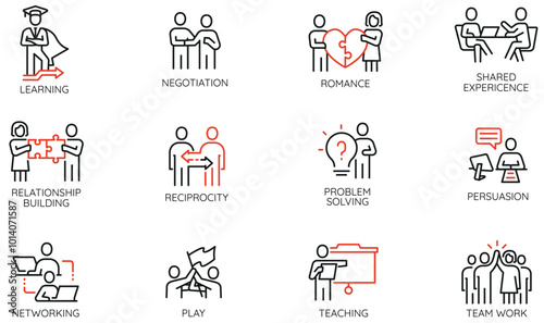 Vector set of linear icons related to type of Communication and Interaction between People. Mono line pictograms and infographics design elements - part 1