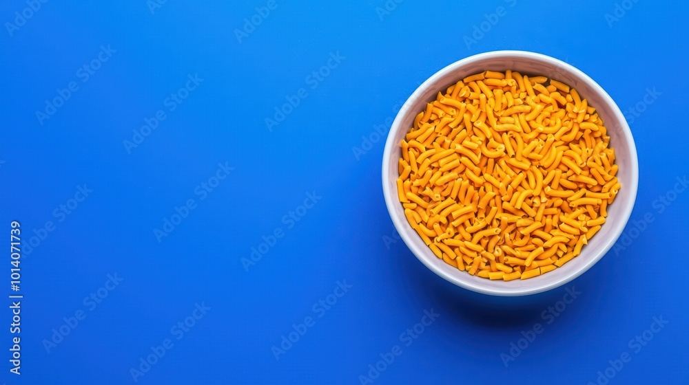 Cheese flavored snack noodles in a white bowl on a vibrant blue background. Cheese flavored snack noodles in a white bowl on a vibrant blue background.
