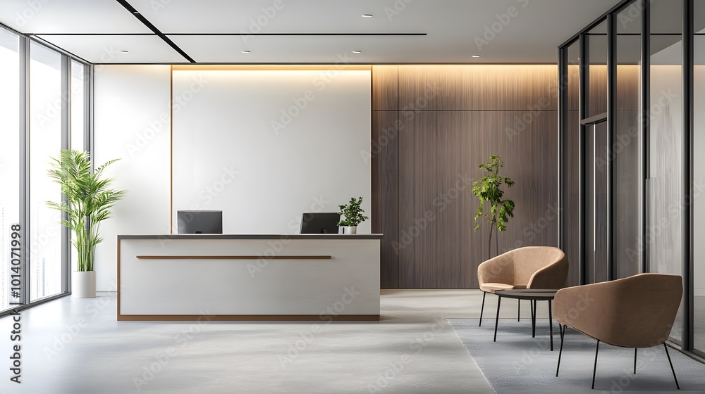 Fototapeta premium Stylish office interior with a reception desk and chill zone, complemented by a panoramic window