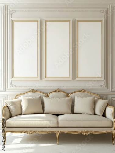 Three blank white picture frames hanging on the wall of an elegant living room with a beige sofa, modern interior design