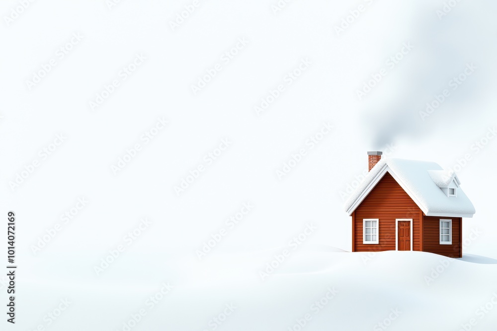 Cozy red house with smoke coming from chimney, surrounded by snow, isolated on a white background. Cozy red house with smoke coming from chimney, surrounded by snow, isolated on a white background.