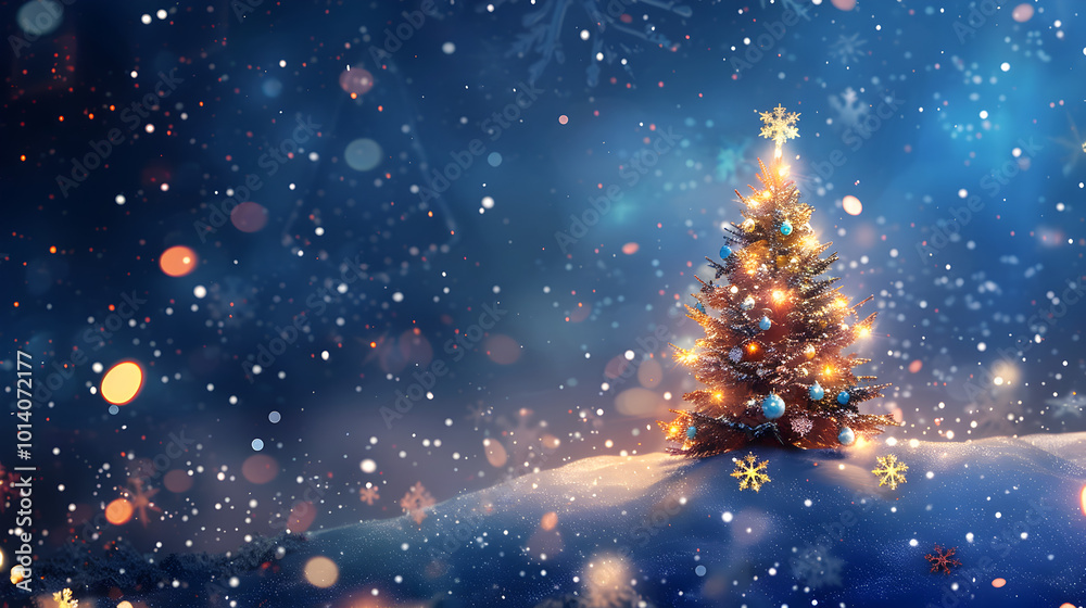 Christmas tree with bright golden garland stands in snow on blue background with glitter and snowflakes from copy space Christmas tree with bright golden garland stands in snow on blue background with glitter and snowflakes from copy space