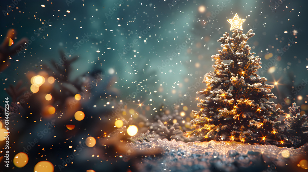 Naklejka premium Christmas tree with bright golden garland stands in snow on blue background with glitter and snowflakes from copy space