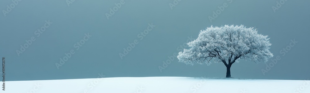 Fototapeta premium Snowy tree in a field with a blue sky in the background, winter, christmas holiday