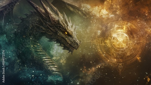 A majestic dragon looming in a cosmic landscape with celestial symbols in the background