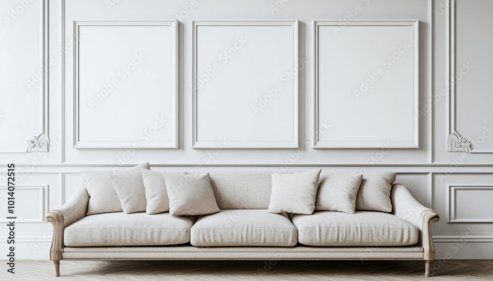 Three blank white picture frames hanging on the wall of an elegant living room with a beige sofa, modern interior design Three blank white picture frames hanging on the wall of an elegant living room with a beige sofa, modern interior design