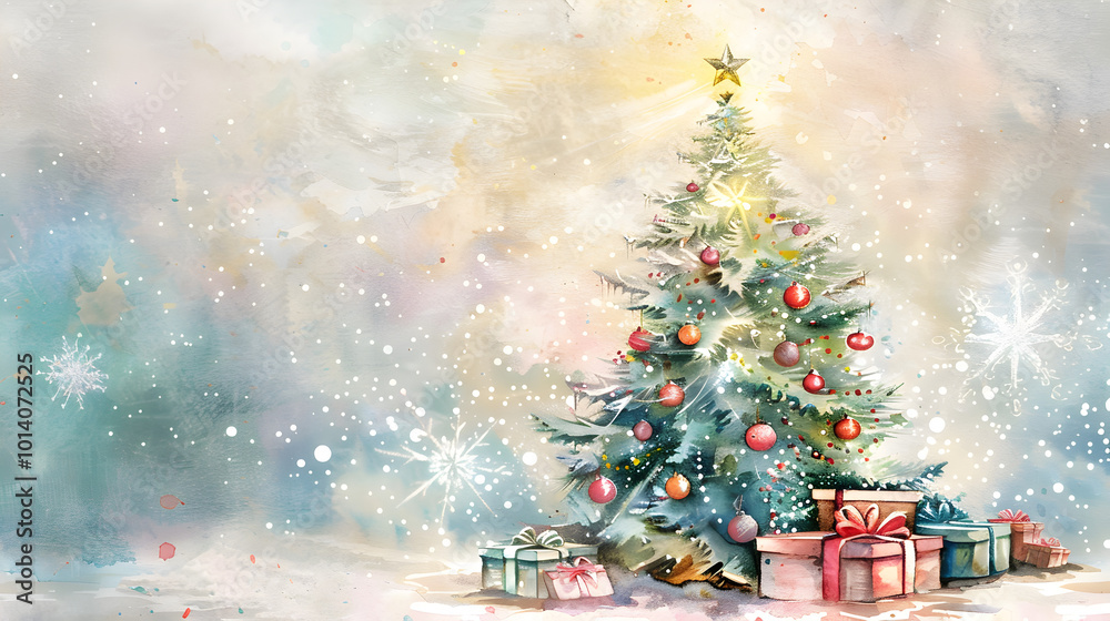 Christmas tree with gifts in watercolor style on multicolored background with copy space, base for Christmas card with place for text Christmas tree with gifts in watercolor style on multicolored background with copy space, base for Christmas card with place for text