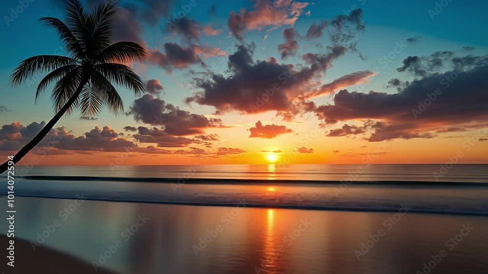 Witness the beauty of a vibrant sunset reflecting on calm waters, framed by swaying palm trees and colorful clouds in a peaceful coastal environment. Witness the beauty of a vibrant sunset reflecting on calm waters, framed by swaying palm trees and colorful clouds in a peaceful coastal environment.