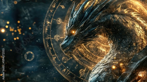 A majestic dragon with glowing eyes intertwines with mystical symbols in a vibrant fantasy setting