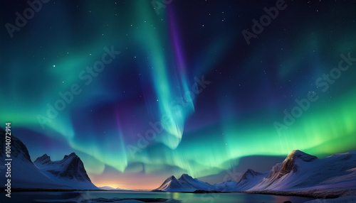 Cartoon like view of Northern Lights, Aurora Borealis, over mountains and water