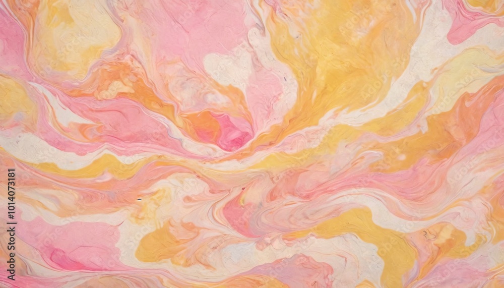 Fototapeta premium A soft marbled paper composition in pastel pinks and yellows, evoking the warmth and softness of a spring sunrise, Generative AI