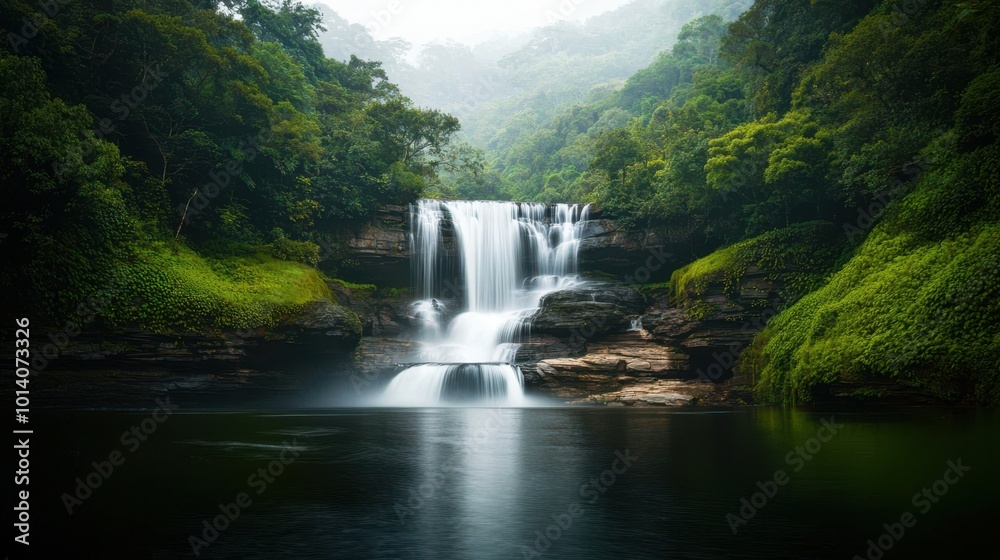 Fototapeta premium Lush Green Rainforest Waterfall with Misty Background