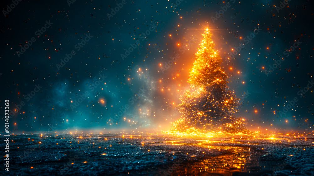 Fototapeta premium Under a starry sky, a stunning Christmas tree glows brightly, adorned with shimmering garlands, inviting warmth and holiday cheer to the chilly evening. Copy space