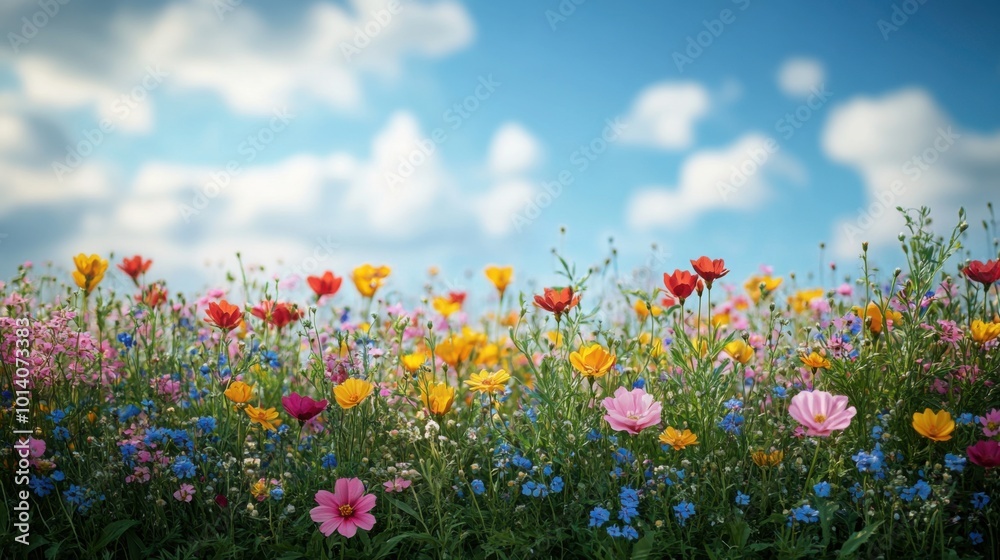 Brightly colored flowers are in a field with a blue sky Brightly colored flowers are in a field with a blue sky