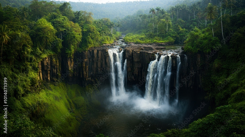 Fototapeta premium Lush Rainforest Waterfall Landscape With Palm Trees
