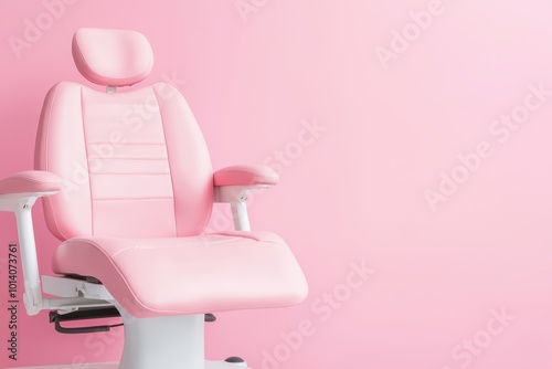 Pink dental chair with a smooth design against a pastel pink background, ideal for a modern dental clinic.