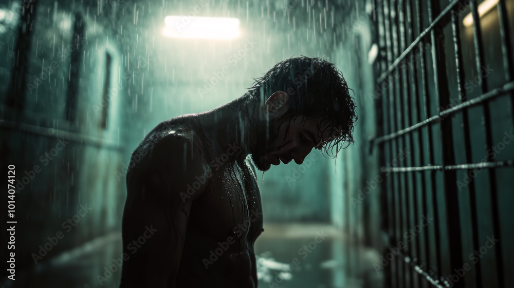 A man stands in the rain inside a dimly lit, gritty prison hallway, head bowed in despair, with water dripping down his muscular, bruised body, reflecting emotional intensity and isolation.