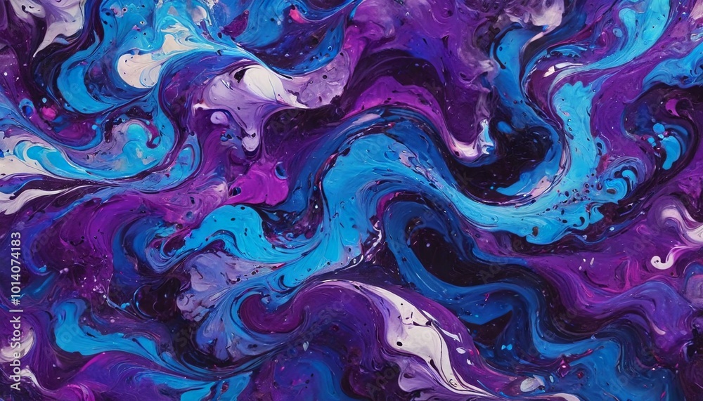 Obraz premium A bold marbled paper design in rich purples and electric blues, with swirling patterns that reflect the dynamic forces at play in a cosmic storm, Generative AI