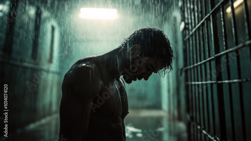 Obraz na płótnie A man stands in the rain inside a dimly lit, gritty prison hallway, head bowed in despair, with water dripping down his muscular, bruised body, reflecting emotional intensity and isolation. w salonie