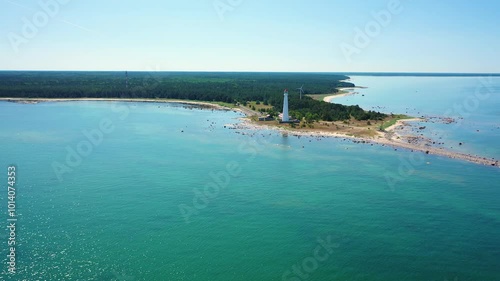 Aerial 4K video from drone to Tahkuna Lighthouse, Hiiumaa island, Estonia  photo