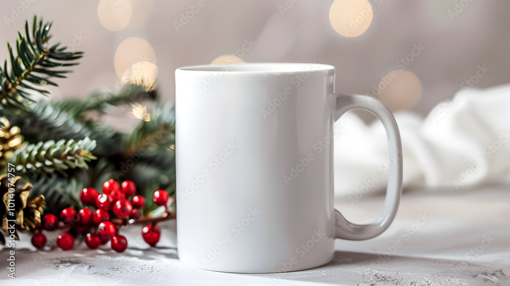 Christmas mockup white mug close up on light Christmas background with bokeh Christmas mockup white mug close up on light Christmas background with bokeh