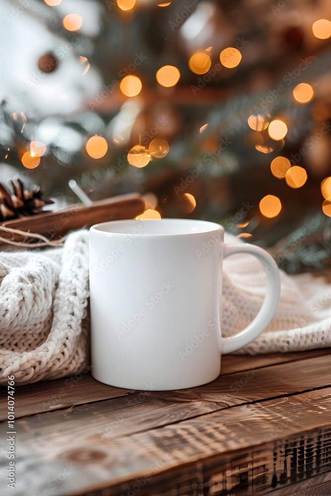 Christmas mockup white mug close up on light Christmas background with bokeh