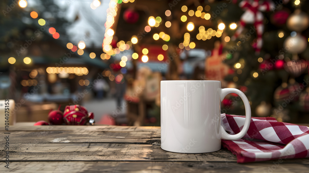 Christmas mockup white mug on christmas background with copy space Christmas mockup white mug on christmas background with copy space