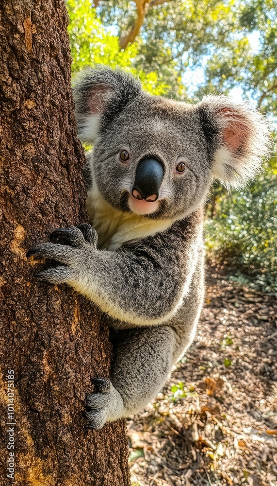 Obraz premium A playful koala clings to the trunk of a tree in a vibrant Australian forest during the day