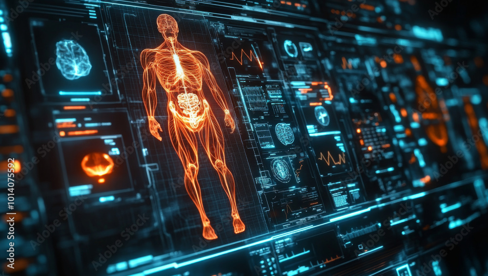 Futuristic control panel with virtual buttons for managing healthcare ...