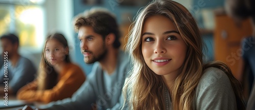 n a classroom setting, a woman looks at the camera, conveying engagement and attentiveness.
