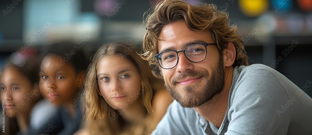 Fototapeta premium A smiling man with glasses stands in front of a group of attentive students, fostering an engaging learning environment. 
