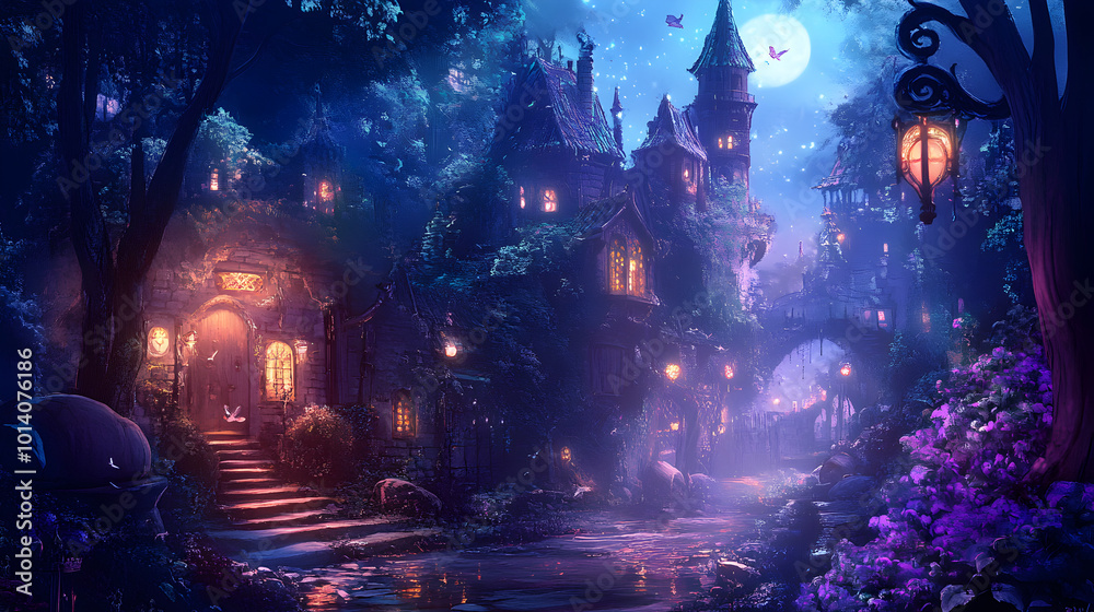 Fantasy village at night with glowing lanterns and river
Fantasy village at night with glowing lanterns and river