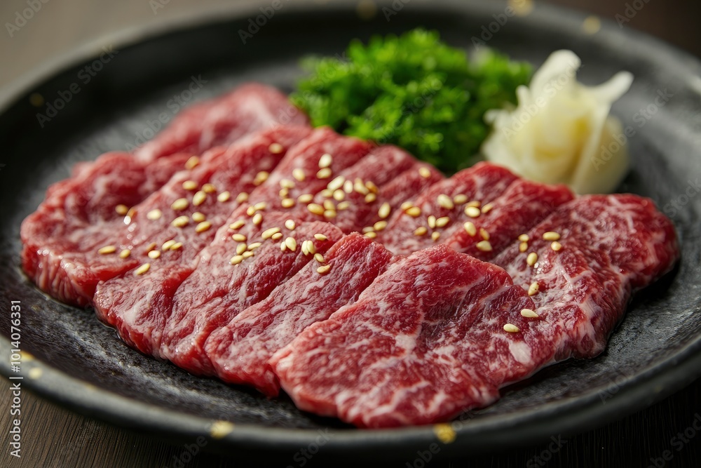 A photo set of close up Best selected Hida premium beef plated along with fresh vegetables for yakiniku japanese food. Traditional Japanese Food - generative ai A photo set of close up Best selected Hida premium beef plated along with fresh vegetables for yakiniku japanese food. Traditional Japanese Food - generative ai