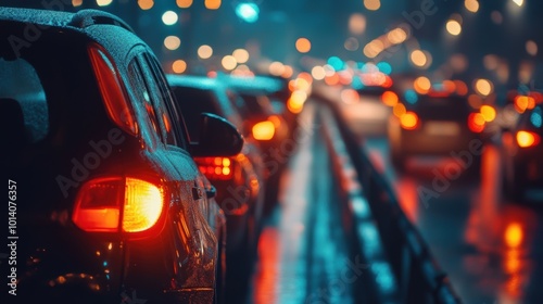 Nighttime city traffic with glowing car lights in rainy weather