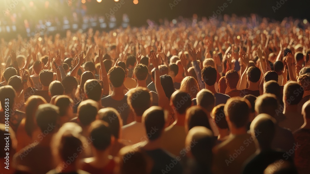 Obraz premium Energetic concert crowd with raised hands under vibrant lights