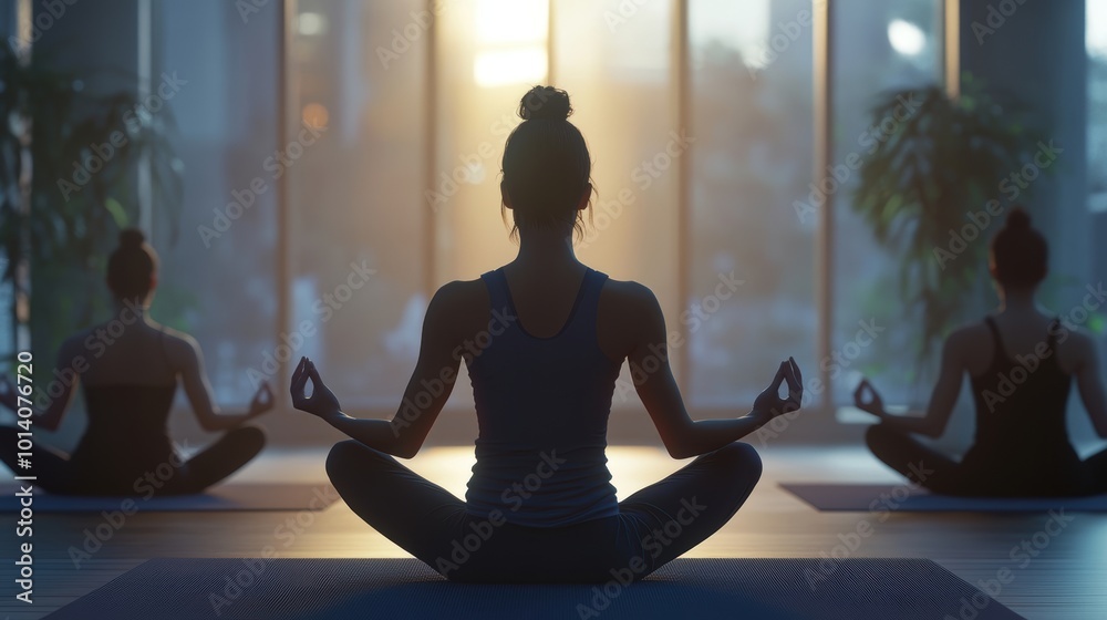 Group meditation at sunrise: tranquil yoga practice in a modern studio setting