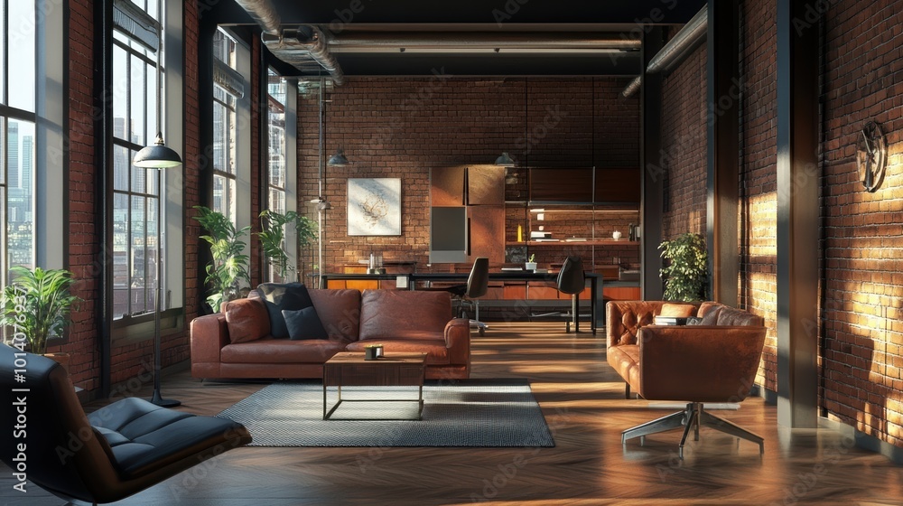 Fototapeta premium Modern industrial loft living space with leather furniture and exposed brick walls