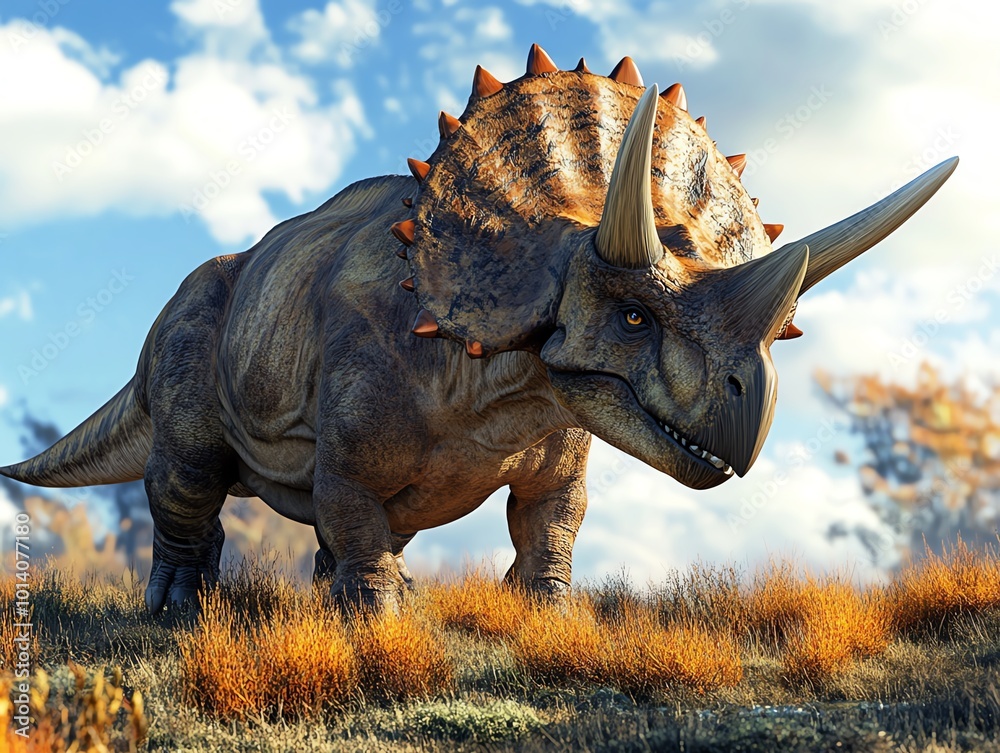 Fototapeta premium Majestic triceratops roaming in prehistoric landscape with vibrant blue sky, capturing the essence of ancient wildlife and natural history.
