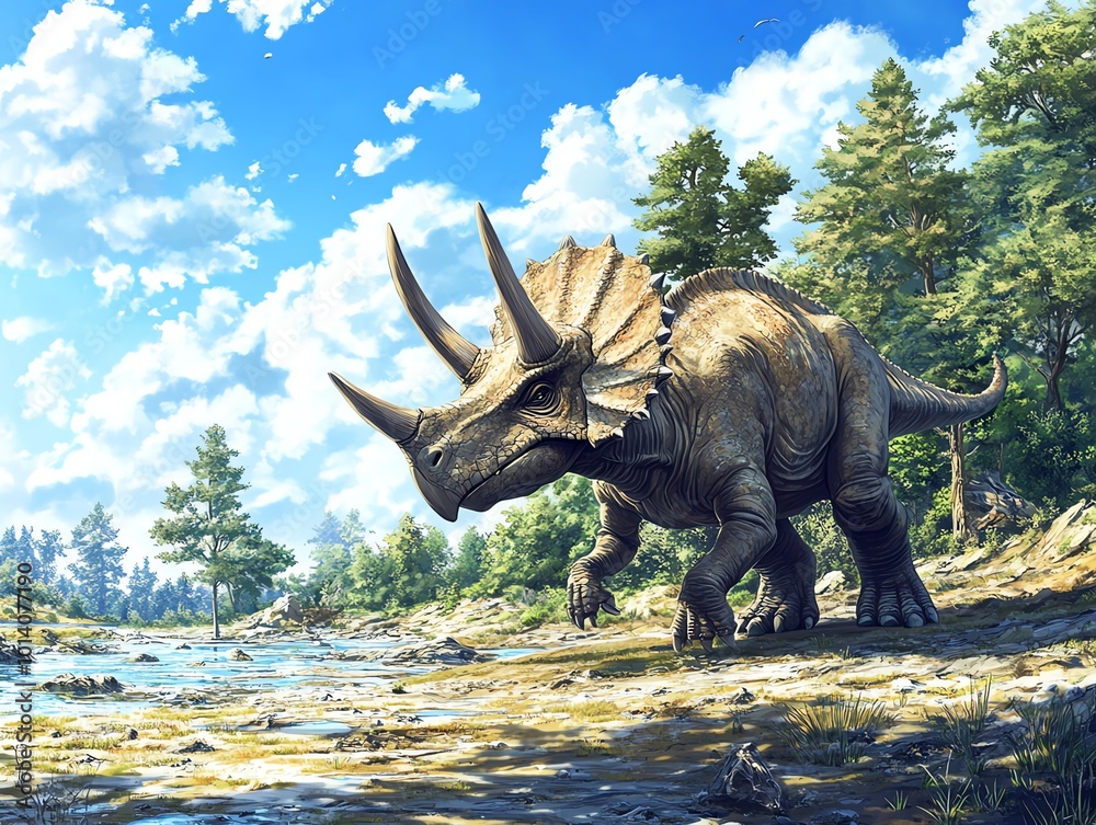 Fototapeta premium Majestic triceratops roaming a prehistoric landscape with lush trees and a serene water body under a bright blue sky.