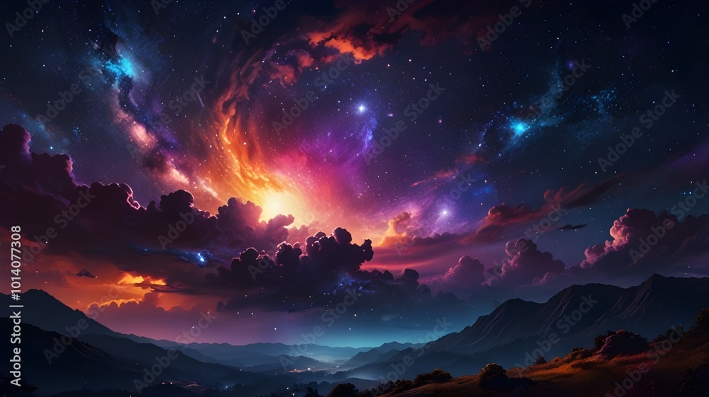 Colorful night sky with vibrant hues, showcasing bright starlight shining through dark clouds, forming an enchanting abstract illustration art piece with a whimsical, celestial atmosphere