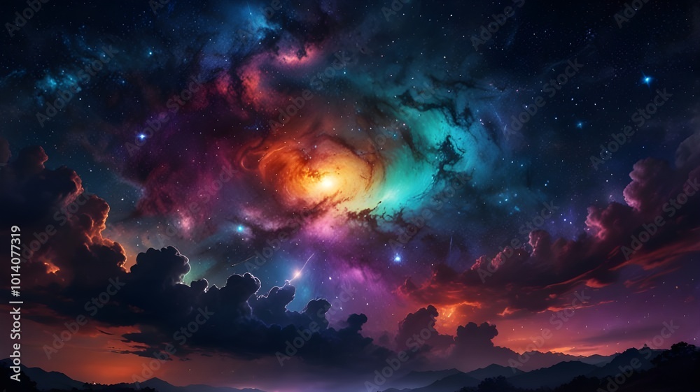 Colorful night sky with vivid hues, featuring bright starlight breaking through dark clouds, creating a captivating abstract illustration art piece with a dreamy, celestial ambiance Colorful night sky with vivid hues, featuring bright starlight breaking through dark clouds, creating a captivating abstract illustration art piece with a dreamy, celestial ambiance