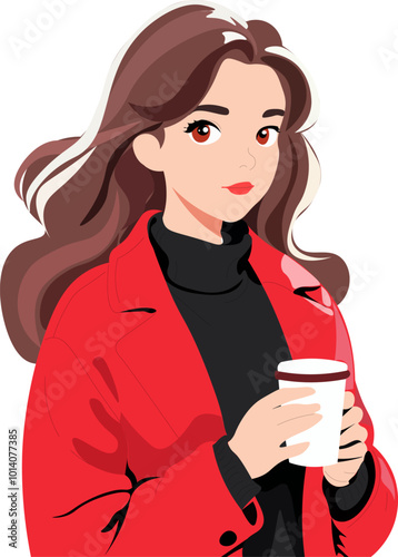 girl in red coat with coffee