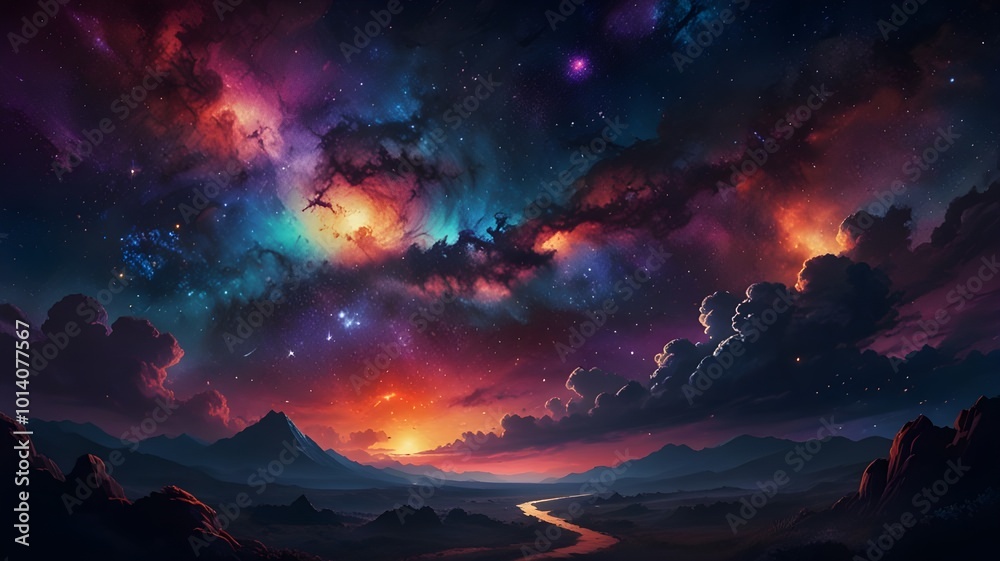 Colorful night sky with radiant hues, showcasing bright starlight piercing through dark clouds, forming a mesmerizing abstract illustration art piece with a whimsical, celestial atmosphere
