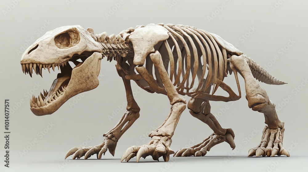 Fossilized dinosaur skeleton displayed in a museum, showcasing ancient history and paleontology. Detailed bones display prehistoric anatomy. Fossilized dinosaur skeleton displayed in a museum, showcasing ancient history and paleontology. Detailed bones display prehistoric anatomy.