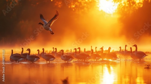 Flock of geese at sunrise on tranquil lake with glowing mist