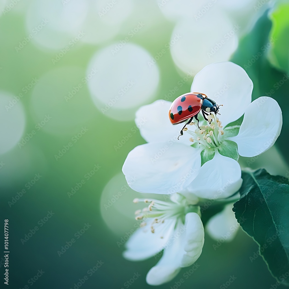 Beautiful ladybug enjoying the warm sunlight on a blooming flower image Beautiful ladybug enjoying the warm sunlight on a blooming flower image