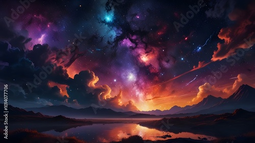 Colorful night sky with vibrant hues, featuring bright starlight shining through dark clouds, creating a captivating abstract illustration art piece with a dreamy, celestial atmosphere