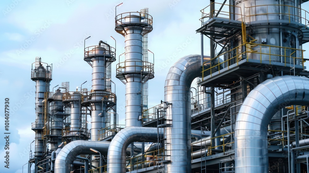 A close-up view of industrial pipes and structures, showcasing a complex network typical of a processing facility. A close-up view of industrial pipes and structures, showcasing a complex network typical of a processing facility.