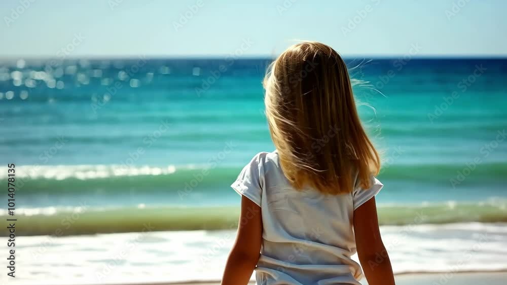 A child joyfully explores the shoreline at a sunny beach in the morning, captivated by the waves and the bright ocean A child joyfully explores the shoreline at a sunny beach in the morning, captivated by the waves and the bright ocean