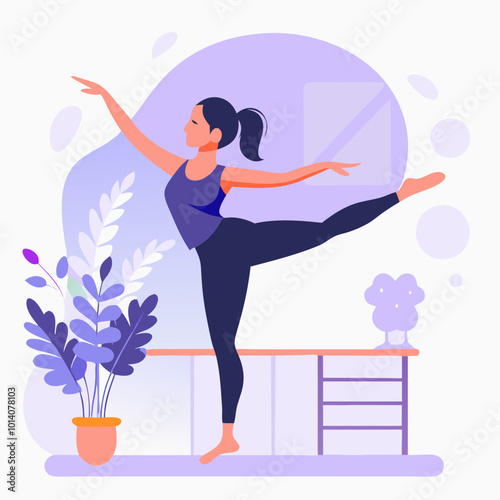 Woman practicing ballet on a barre with a graceful posture and a focused expression in a bright space